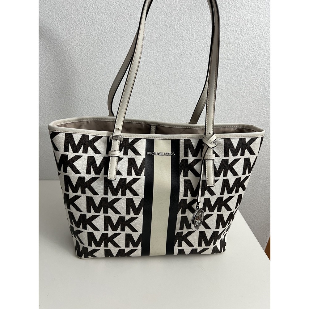 Michael‎ Kors Jet Set MD Carryall Tote -Graphic MK White/Brown